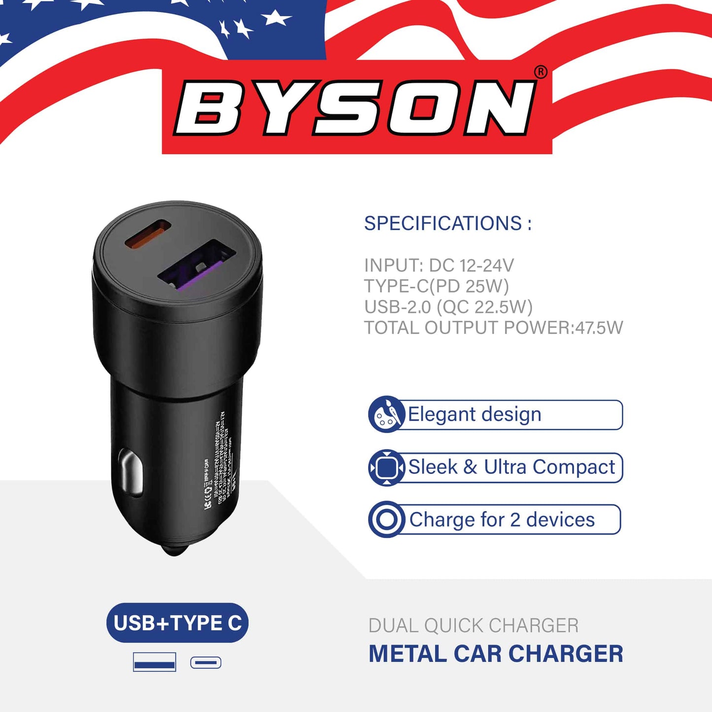 شاحن سيارة ثنائي BYSON QC 3.0 بقوة 47.5 واط