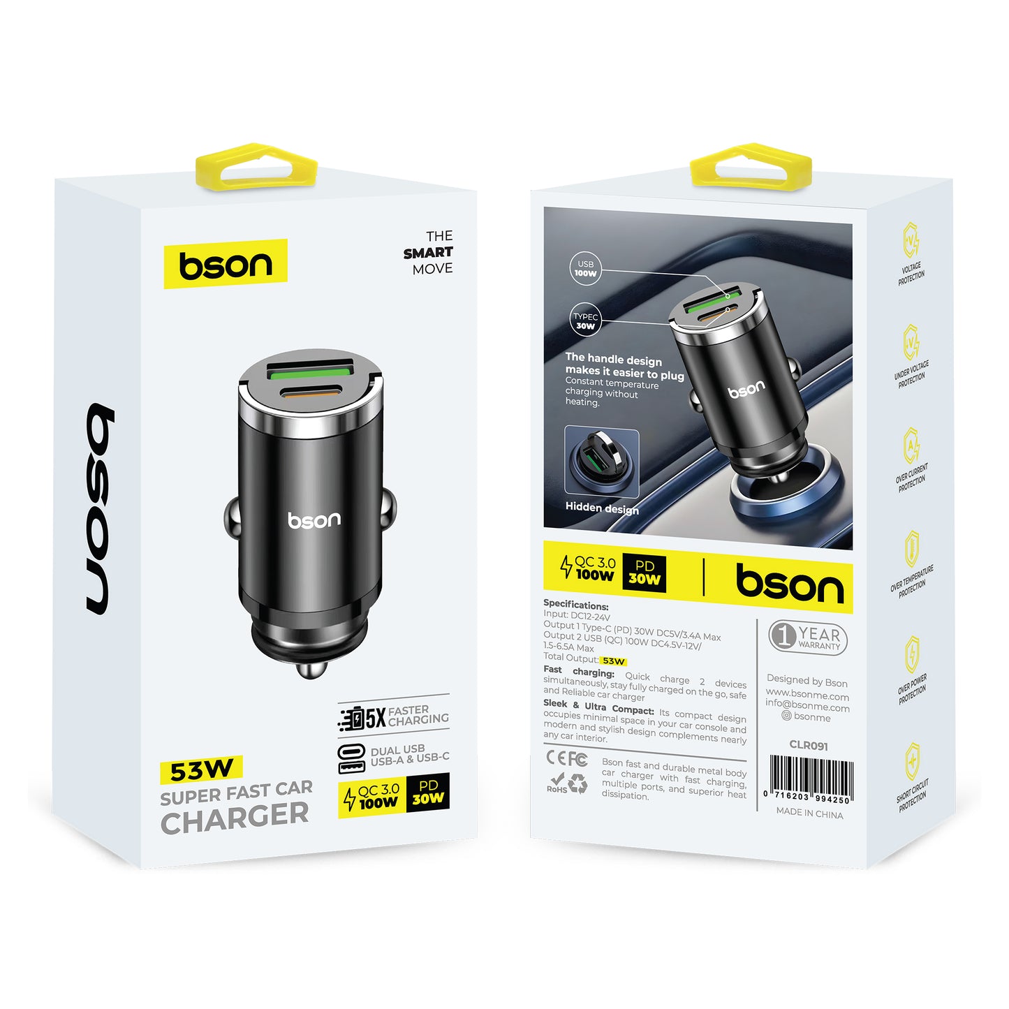 شاحن سيارة Bson 53W فائق السرعة - شحن أسرع 5 مرات بمنفذي USB (USB-A و USB-C)، وQC3.0 بقدرة 100 واط كحد أقصى + PD بقدرة 30 واط، وميزات حماية ذكية متضمنة