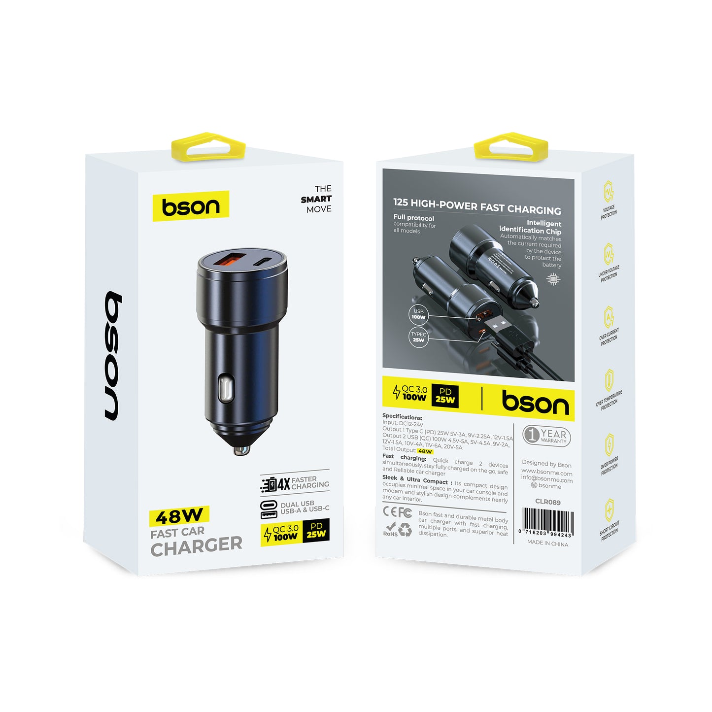 شاحن سيارة سريع بقوة 48 واط – شحن أسرع 4 مرات بمنفذي USB (USB-A و USB-C)، QC3.0 بقدرة 100 واط كحد أقصى + PD بقوة 25 واط، يتضمن حماية ذكية للسلامة