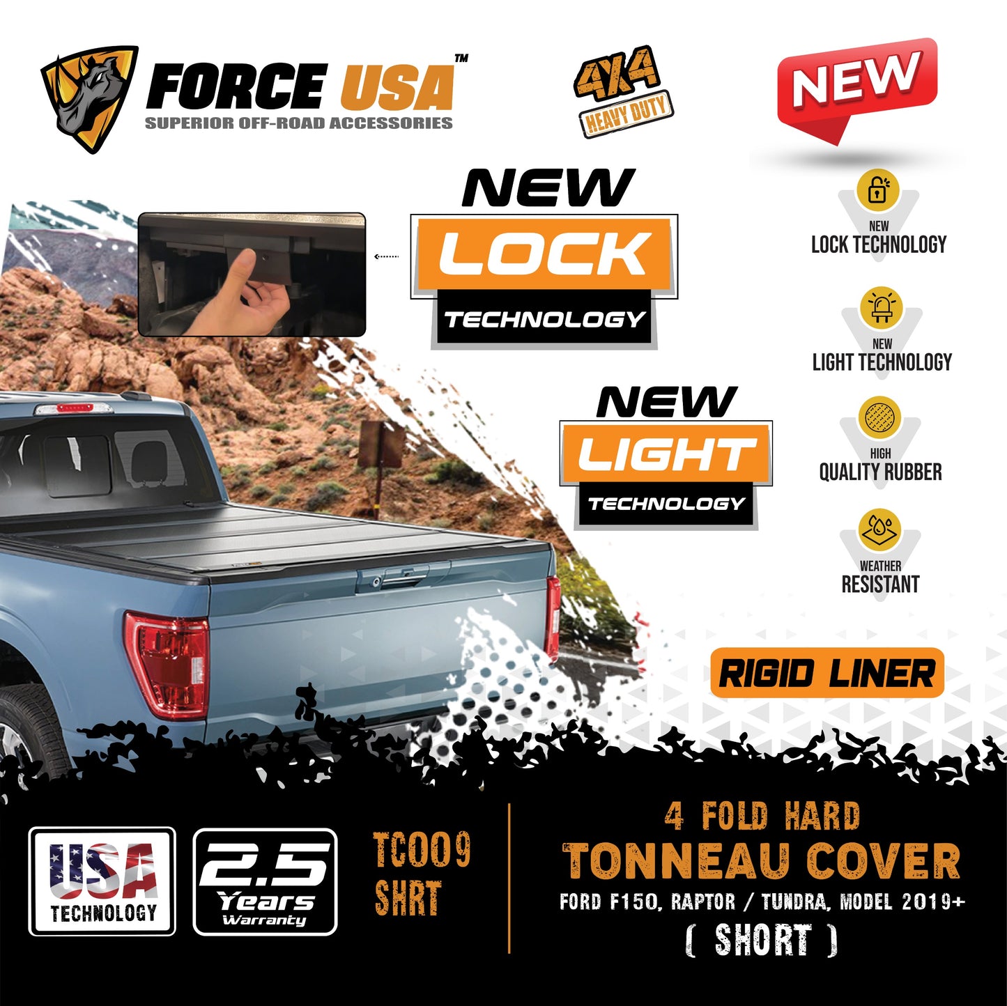 غطاء صندوق شاحنة قابل للطي 4 طبقات من FORCE USA - فورد F150/رابتور/تندرا - 5.5 قدم - قصير - طراز 2019+