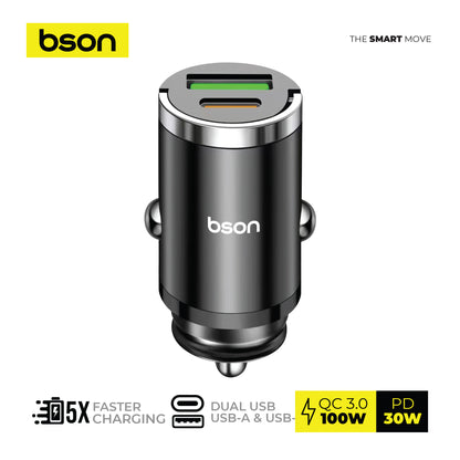 شاحن سيارة Bson 53W فائق السرعة - شحن أسرع 5 مرات بمنفذي USB (USB-A و USB-C)، وQC3.0 بقدرة 100 واط كحد أقصى + PD بقدرة 30 واط، وميزات حماية ذكية متضمنة