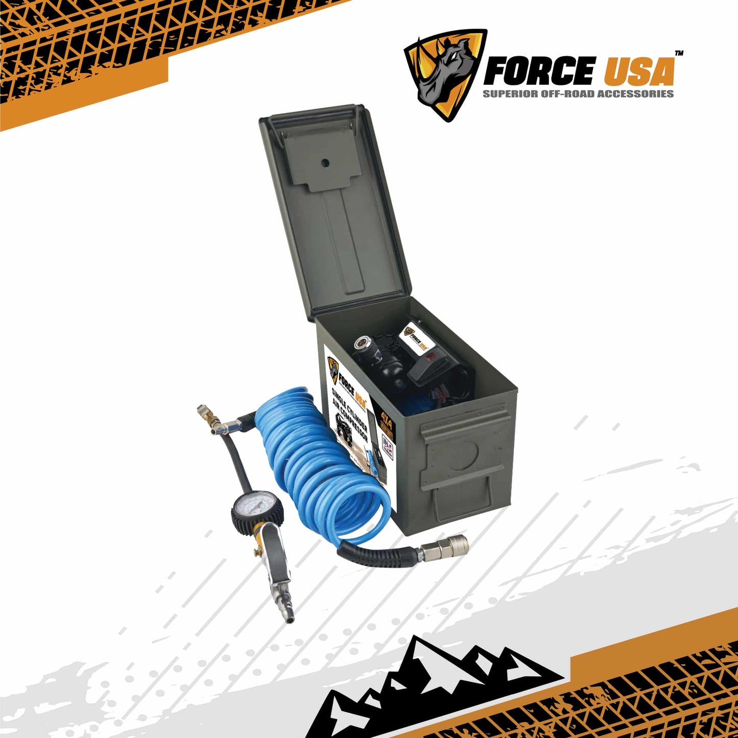ضاغط هواء محمول شديد التحمل من FORCE USA 70 لتر/دقيقة مع خرطوم 6 متر ومقياس إطارات
