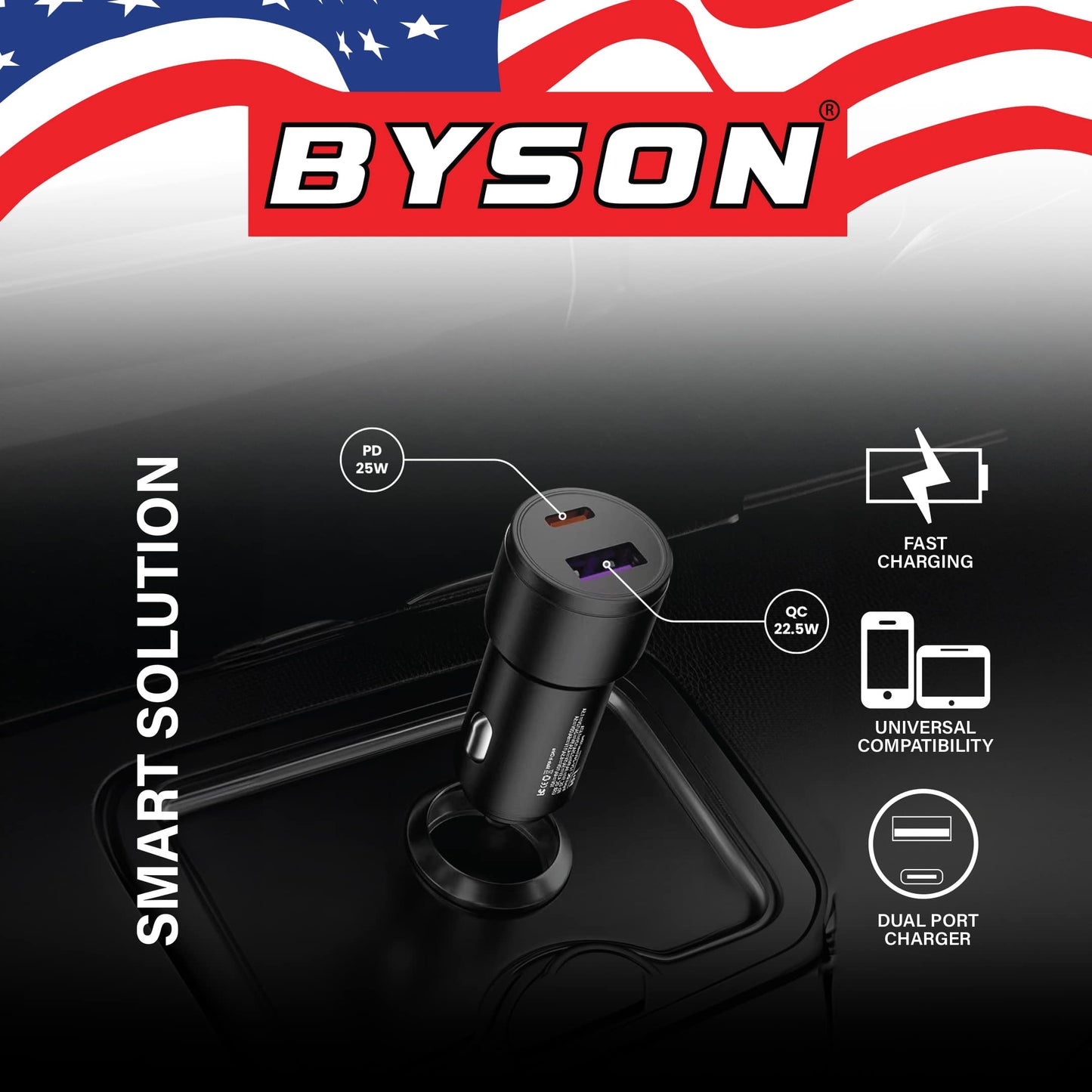 شاحن سيارة ثنائي BYSON QC 3.0 بقوة 47.5 واط
