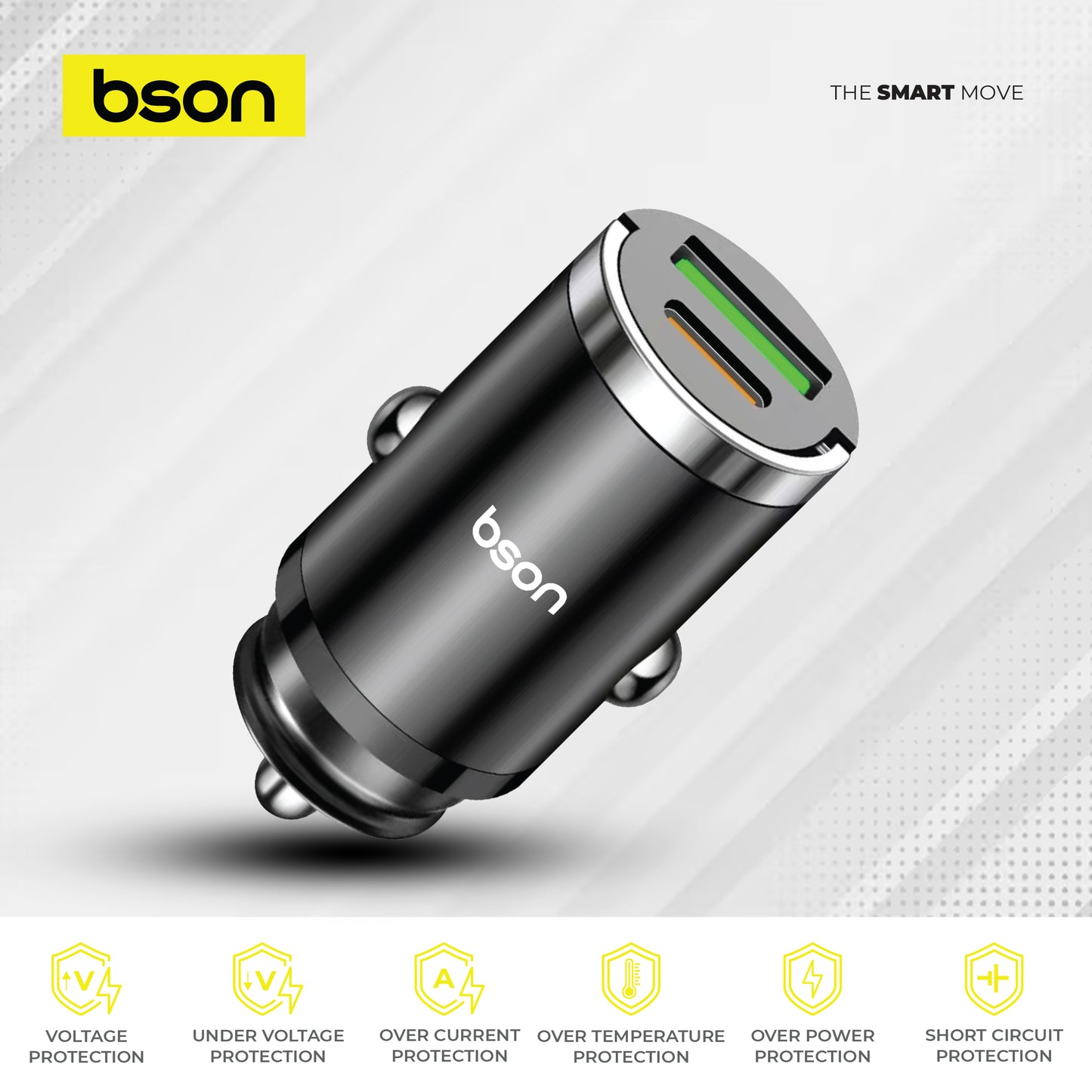شاحن سيارة Bson 53W فائق السرعة - شحن أسرع 5 مرات بمنفذي USB (USB-A و USB-C)، وQC3.0 بقدرة 100 واط كحد أقصى + PD بقدرة 30 واط، وميزات حماية ذكية متضمنة