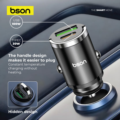 شاحن سيارة Bson 53W فائق السرعة - شحن أسرع 5 مرات بمنفذي USB (USB-A و USB-C)، وQC3.0 بقدرة 100 واط كحد أقصى + PD بقدرة 30 واط، وميزات حماية ذكية متضمنة