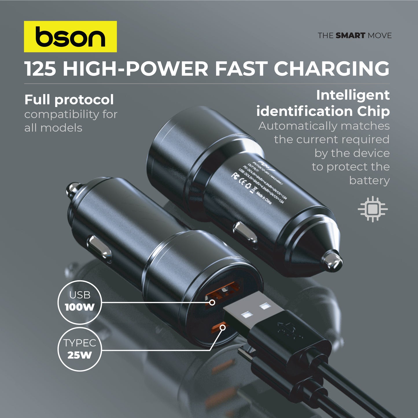 شاحن سيارة سريع بقوة 48 واط – شحن أسرع 4 مرات بمنفذي USB (USB-A و USB-C)، QC3.0 بقدرة 100 واط كحد أقصى + PD بقوة 25 واط، يتضمن حماية ذكية للسلامة