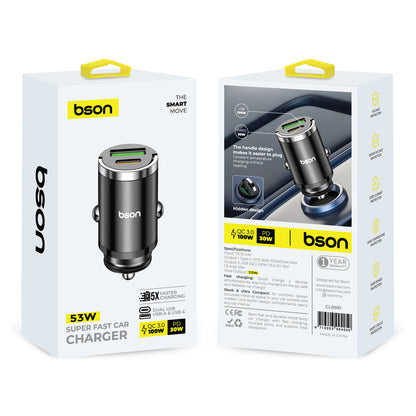 شاحن سيارة Bson 53W فائق السرعة - شحن أسرع 5 مرات بمنفذي USB (USB-A و USB-C)، وQC3.0 بقدرة 100 واط كحد أقصى + PD بقدرة 30 واط، وميزات حماية ذكية متضمنة