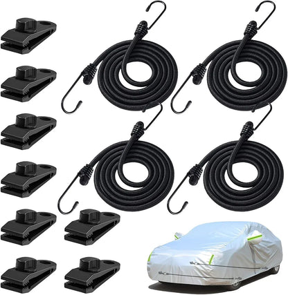 4PCS 50 Inch Car Cover Gust Straps, Heavy Duty Wind Protector Bungee Cords Hook Clips Kit Fit for Most Cars, Sedans, SUVs, Trucks, Vans, Motorcycles, Boat-Black