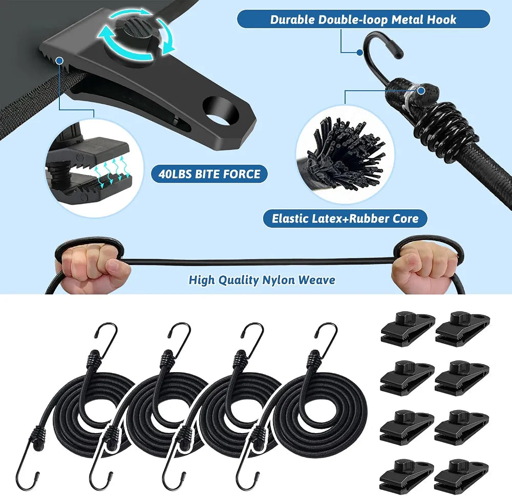 4PCS 50 Inch Car Cover Gust Straps, Heavy Duty Wind Protector Bungee Cords Hook Clips Kit Fit for Most Cars, Sedans, SUVs, Trucks, Vans, Motorcycles, Boat-Black